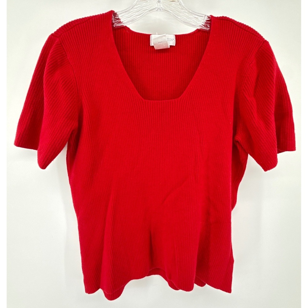 Worthington Red Ribbed Knit Short Sleeve Scoop Neck Sweater Top Medium Layering